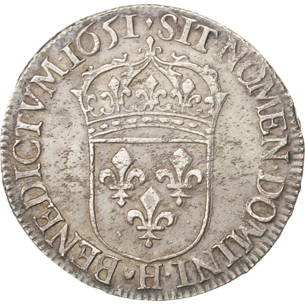 FRANCE, 1/2 Écu à la mèche longue, 1/2 ECU, 1651, La Rochelle, KM #164.9, AU(50-