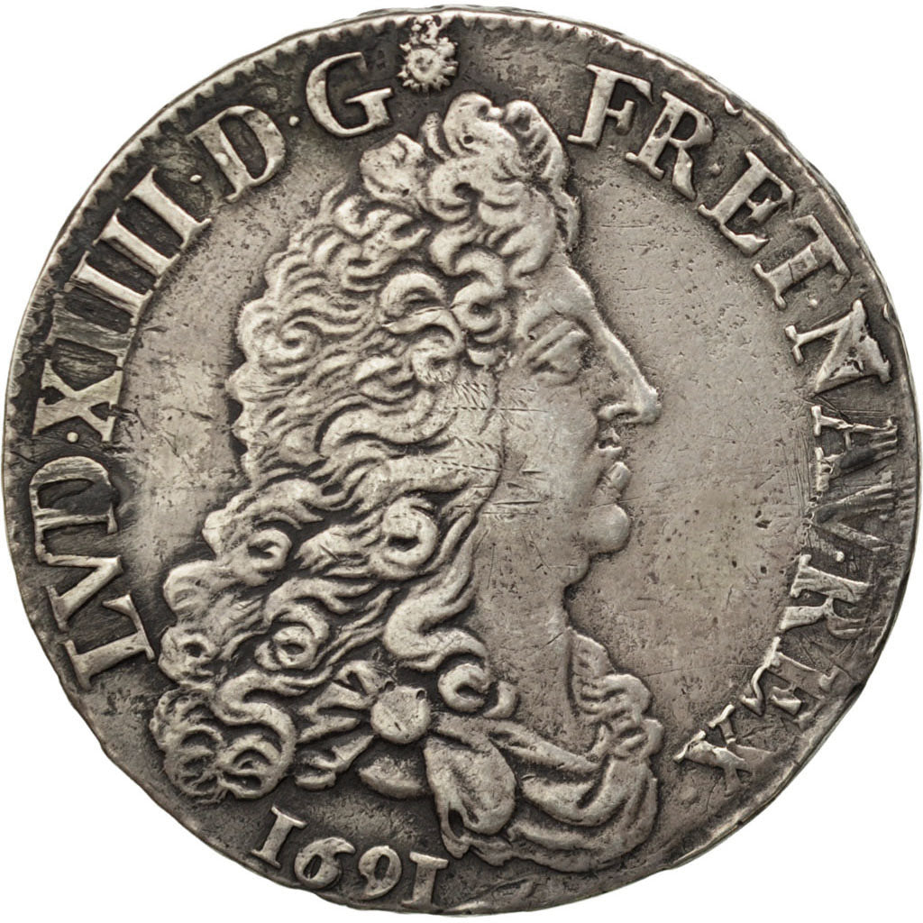 FRANCE, 1/2 Écu aux 8 L, 1/2 ECU, 1691, Bourges, KM #273.16, EF(40-45), Silver,