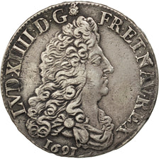 FRANCE, 1/2 Écu aux 8 L, 1/2 ECU, 1691, Bourges, KM #273.16, EF(40-45), Silver,