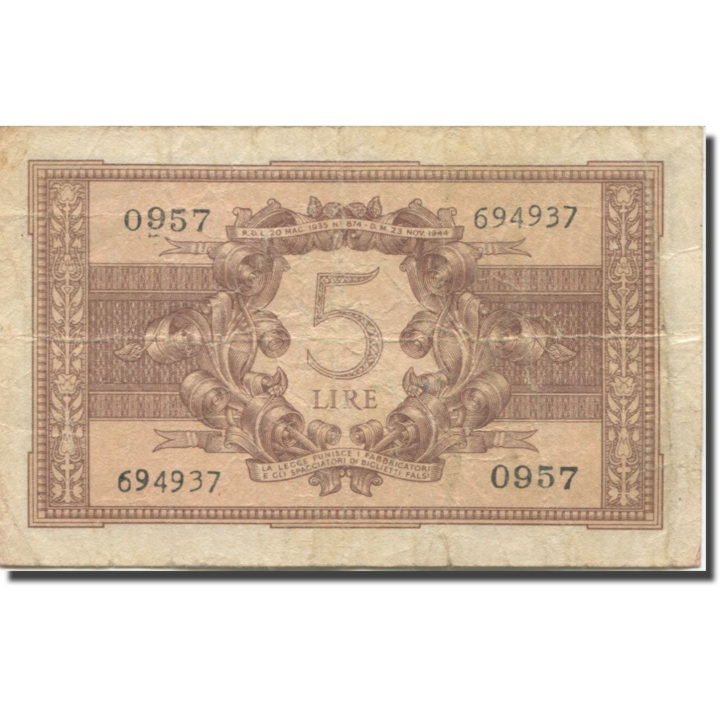 Banknote, Italy, 5 Lire, 1944, 1944-11-23, KM:31a, VF(30-35)