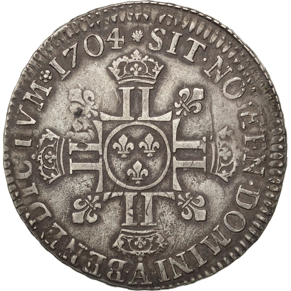 FRANCE, 1/2 Écu aux 8L 2e type, 1/2 ECU, 45 Sols, 1704, Paris, KM #355.1, ...