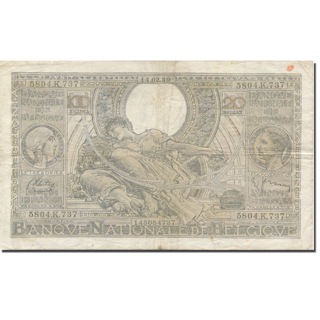 Geldschein, Belgien, 100 Francs-20 Belgas, 1939, 1932-02-14, KM:107, SS