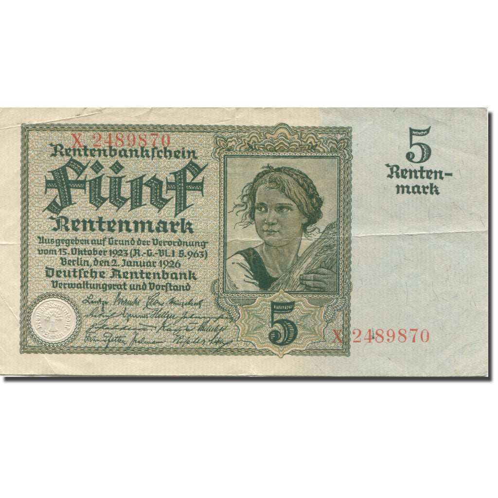 Banknote, Germany, 5 Rentenmark, 1925-1926, 1926-01-02, KM:169, AU(50-53)