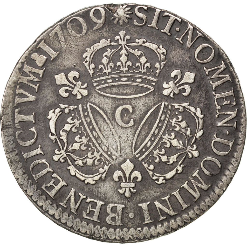 Francia, Louis XIV, Écu aux 3 couronnes, Ecu, 1709, Caen, MB+, Argento, KM:3...
