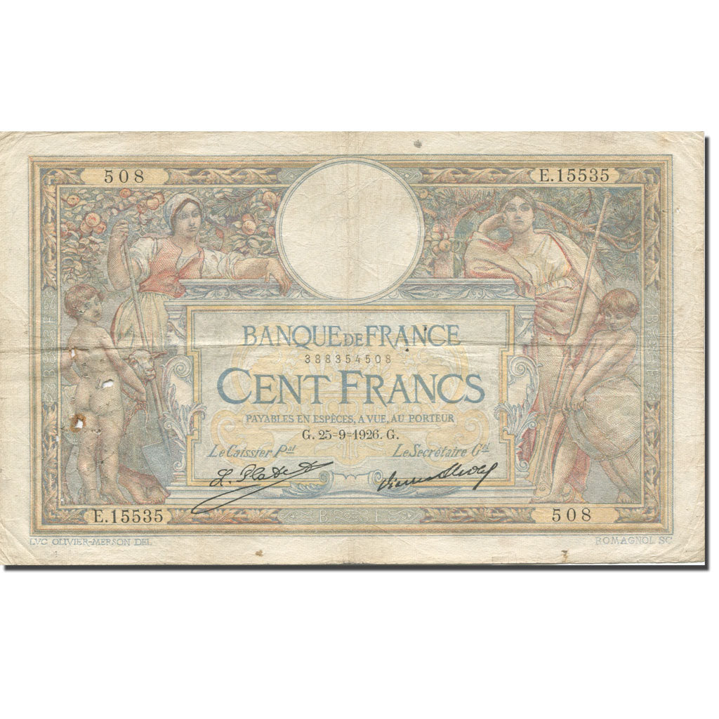 Frankrijk, 100 Francs, Luc Olivier Merson, 1926, 1926-09-25, TB, Fayette:24.5