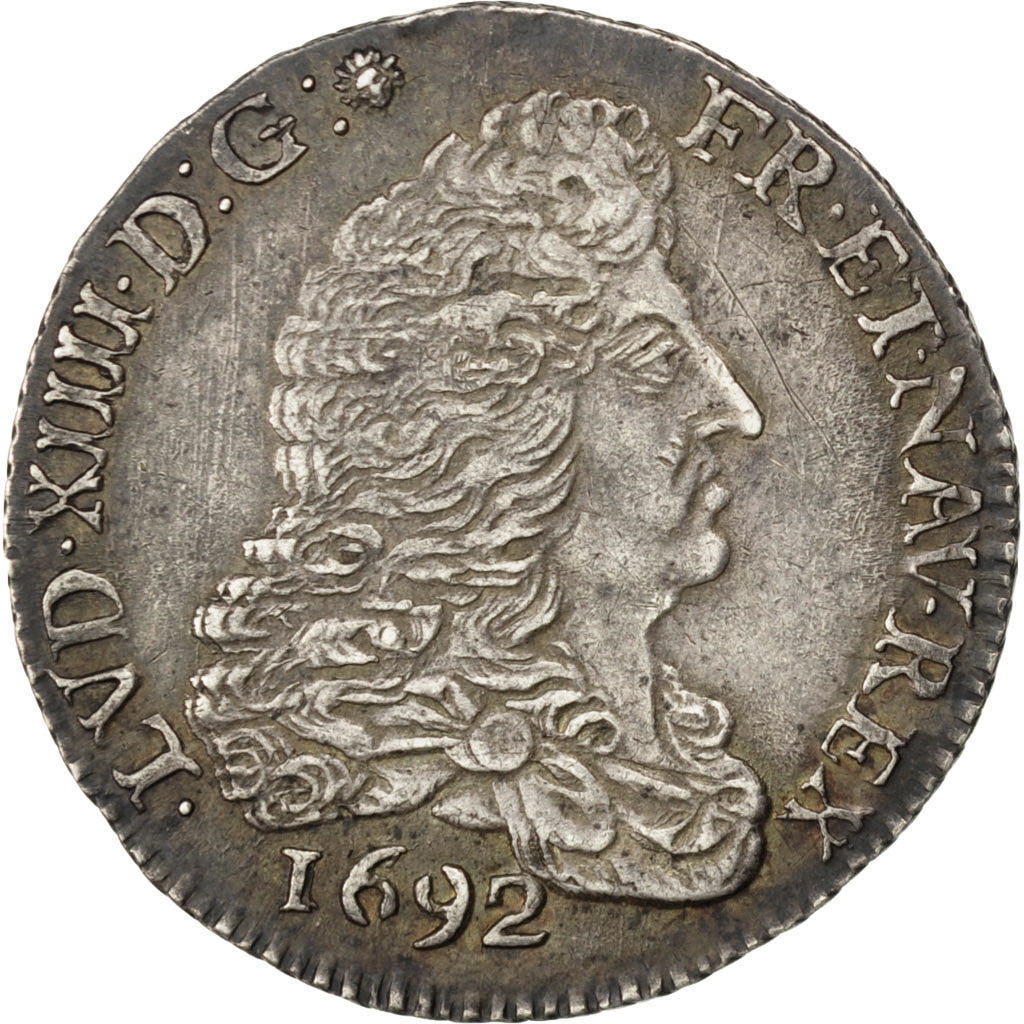 FRANCE, 1/4 Ecu, 1692, Bordeaux, AU(50-53), Silver, 6.65