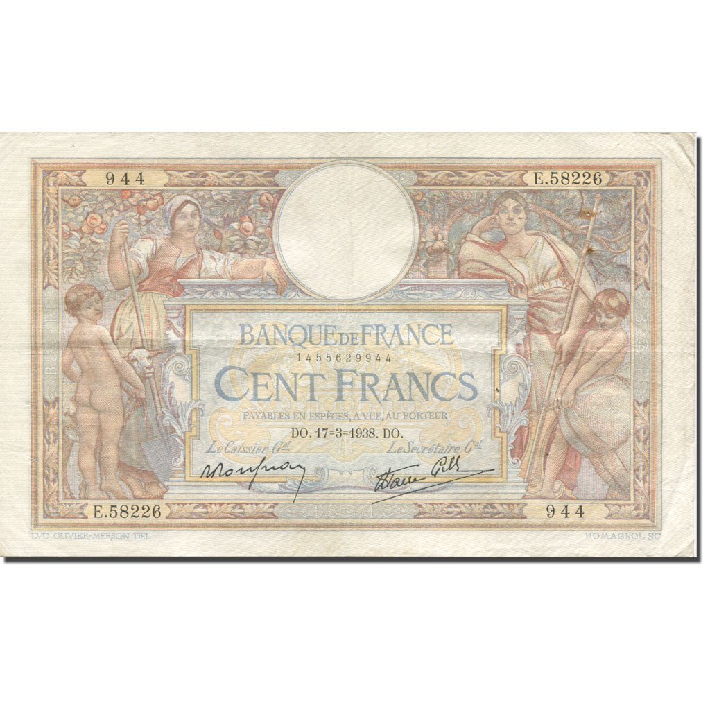 França, 100 Francs, Luc Olivier Merson, 1938, 1938-03-17, EF(40-45)
