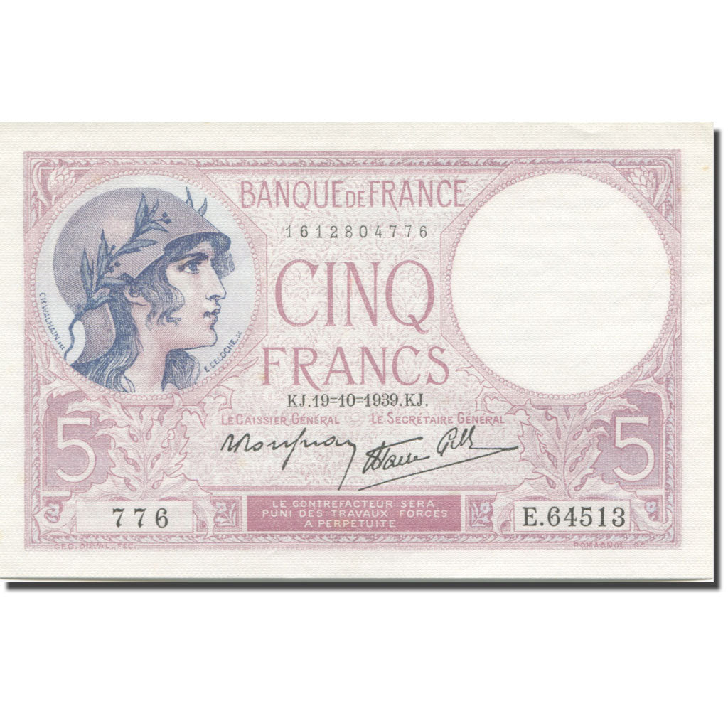Francja, 5 Francs, Violet, 1939, 1939-10-19, UNC(60-62), Fayette:4.12, KM:83