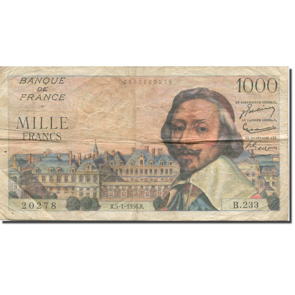 France, 1000 Francs, Richelieu, 1956, 1956-01-05, VF(20-25), Fayette:42.18