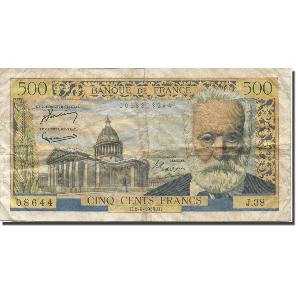 França, 500 Francs, Victor Hugo, 1954, 1954-09-02, VF(20-25), Fayette:35.3