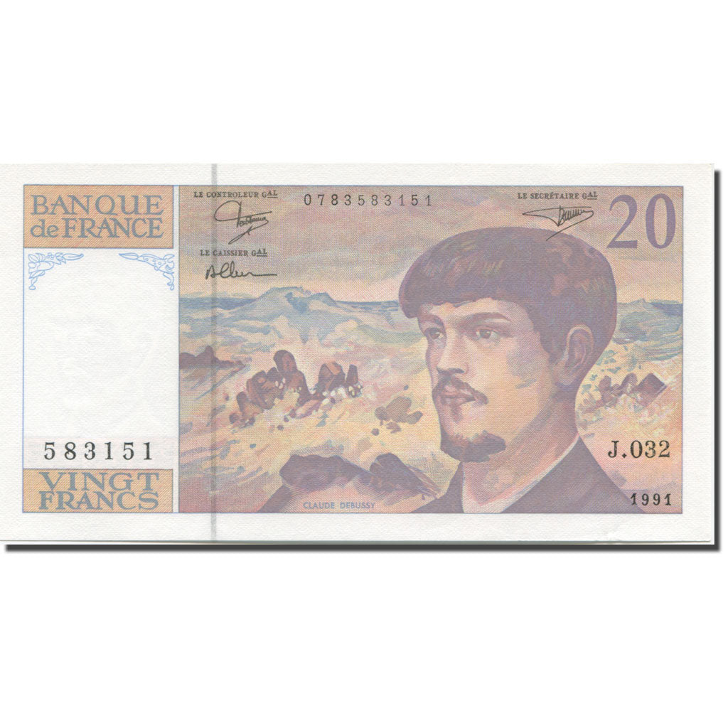 France, 20 Francs, Debussy, 1991, UNC(65-70), Fayette:66Bis.2, KM:151e