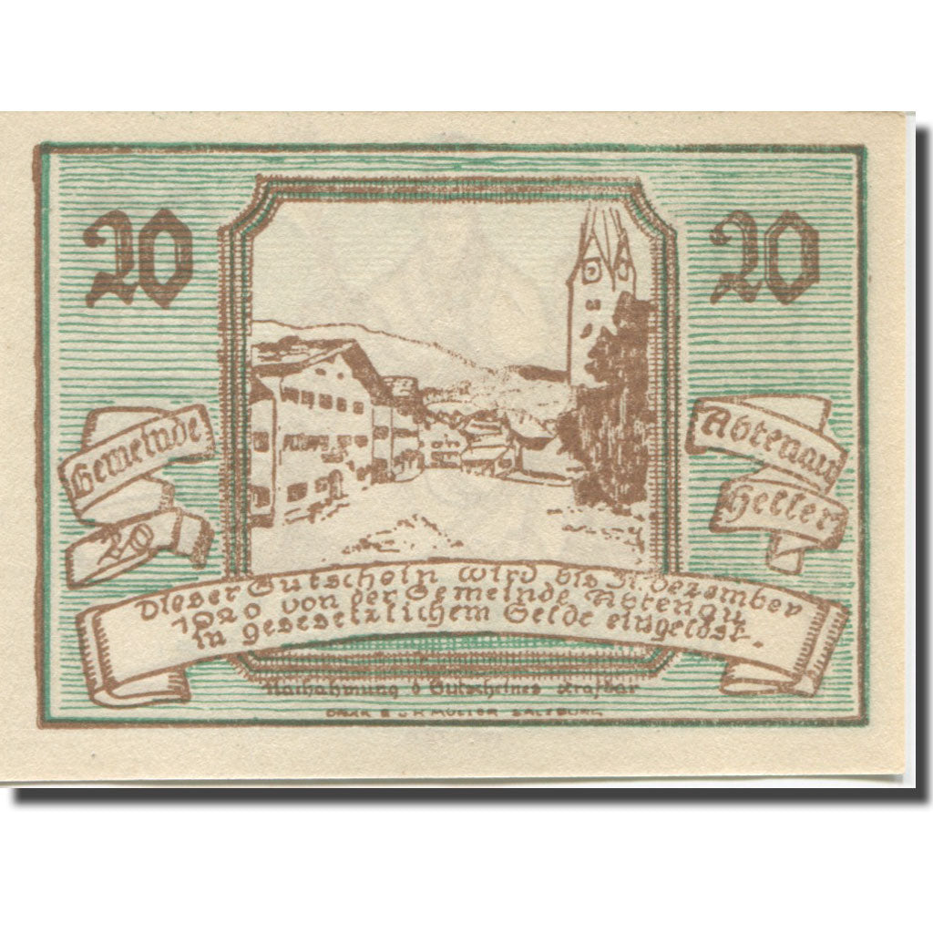 Banknote, Austria, Abtenau, 20 Heller, personnage 1, 1920 UNC(65-70) Mehl:FS 3a