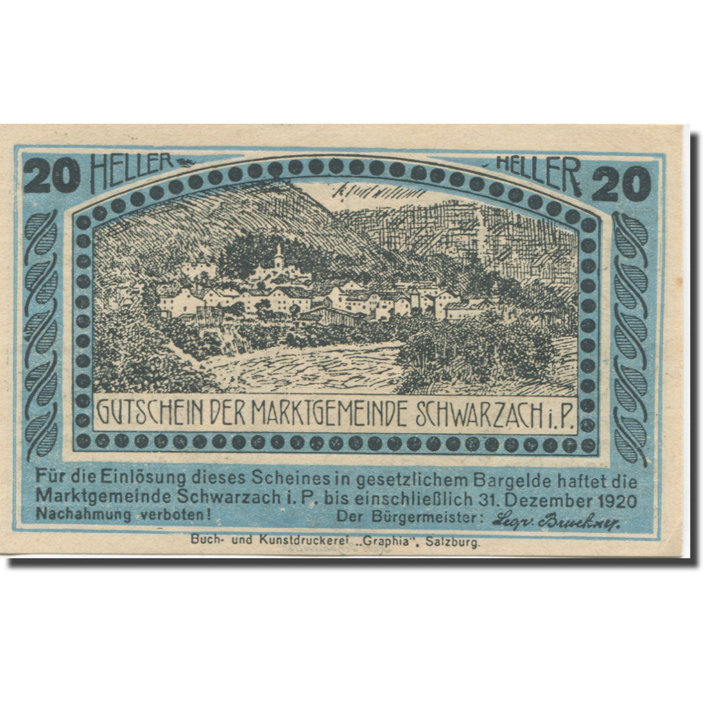 Banknote, Austria, Schwarzach, 20 Heller, village, 1920 UNC(65-70) Mehl:FS 978