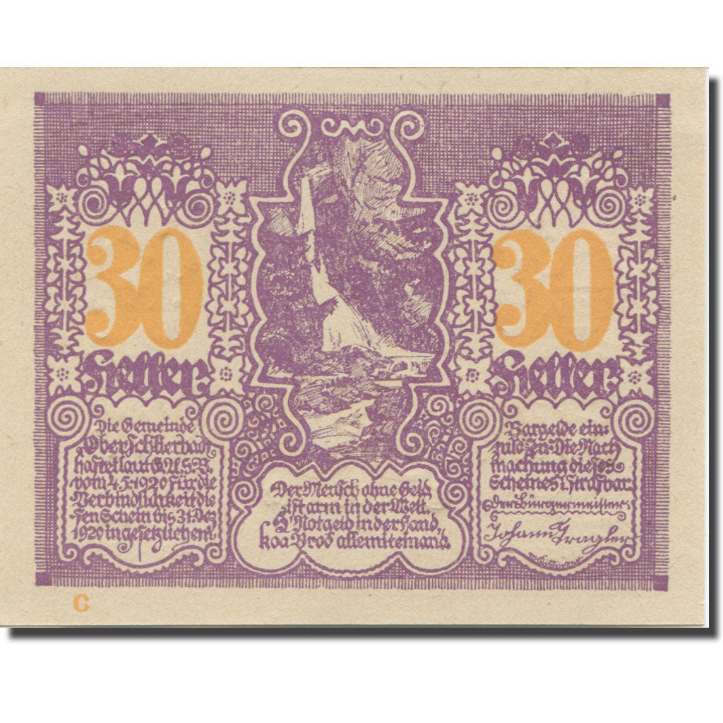 Banknote Austria Oberschlierbach, 30 Heller, Forêt, 1920 UNC(65-70) Mehl:FS 694a