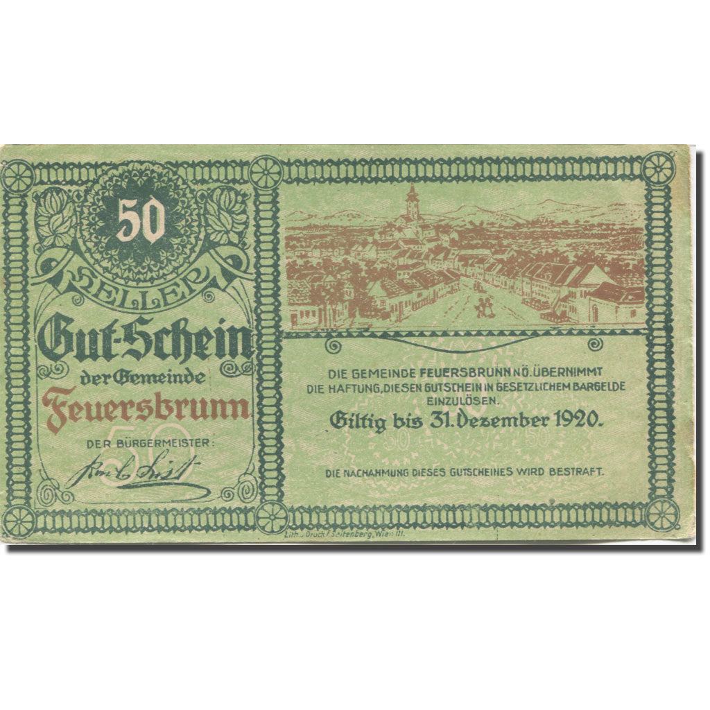 Banknote, Austria, Feuersbrunn, 50 Heller, village, 1920 AU(50-53) Mehl:FS 199
