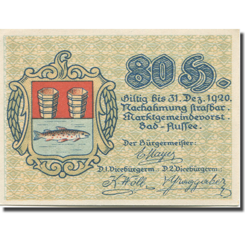 Banknote, Austria, Bad Aussee, 80 Heller, personnage, 1920, UNC(63) Mehl:FS 73