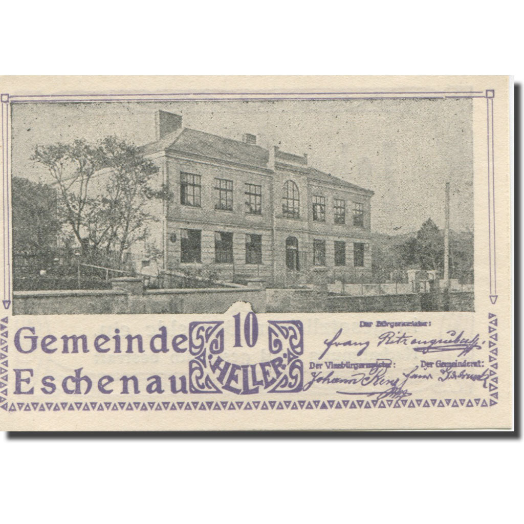 Banknote, Austria, Eschenau, 10 Heller, Batiment, 1920 UNC(63) Mehl:FS 186a