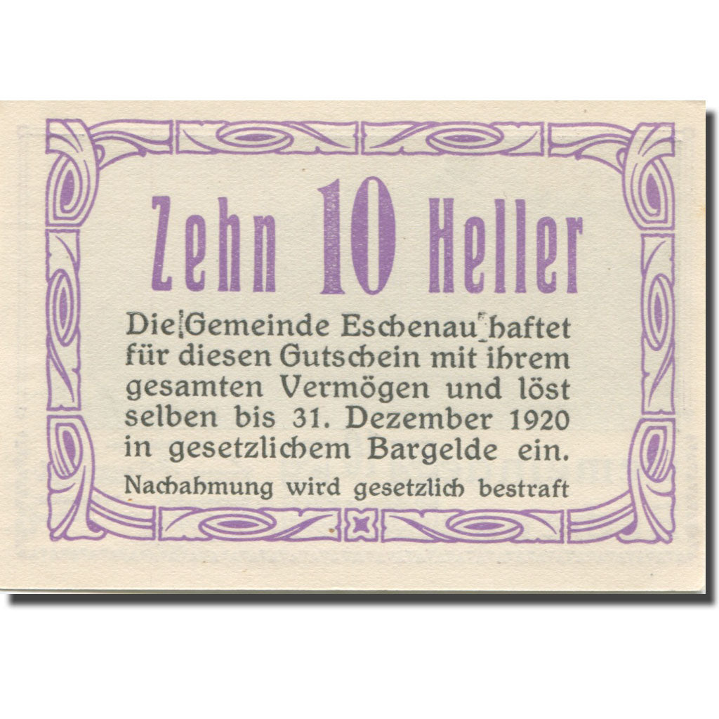 Banknote, Austria, Eschenau, 10 Heller, Batiment, 1920 UNC(63) Mehl:FS 186a