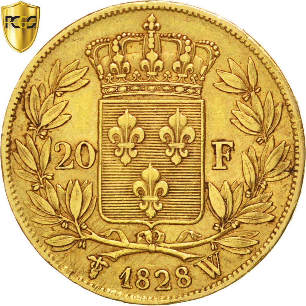 Moneta, Francia, Charles X, 20 Francs, 1828, Lille, PCGS, AU53, BB+, Oro