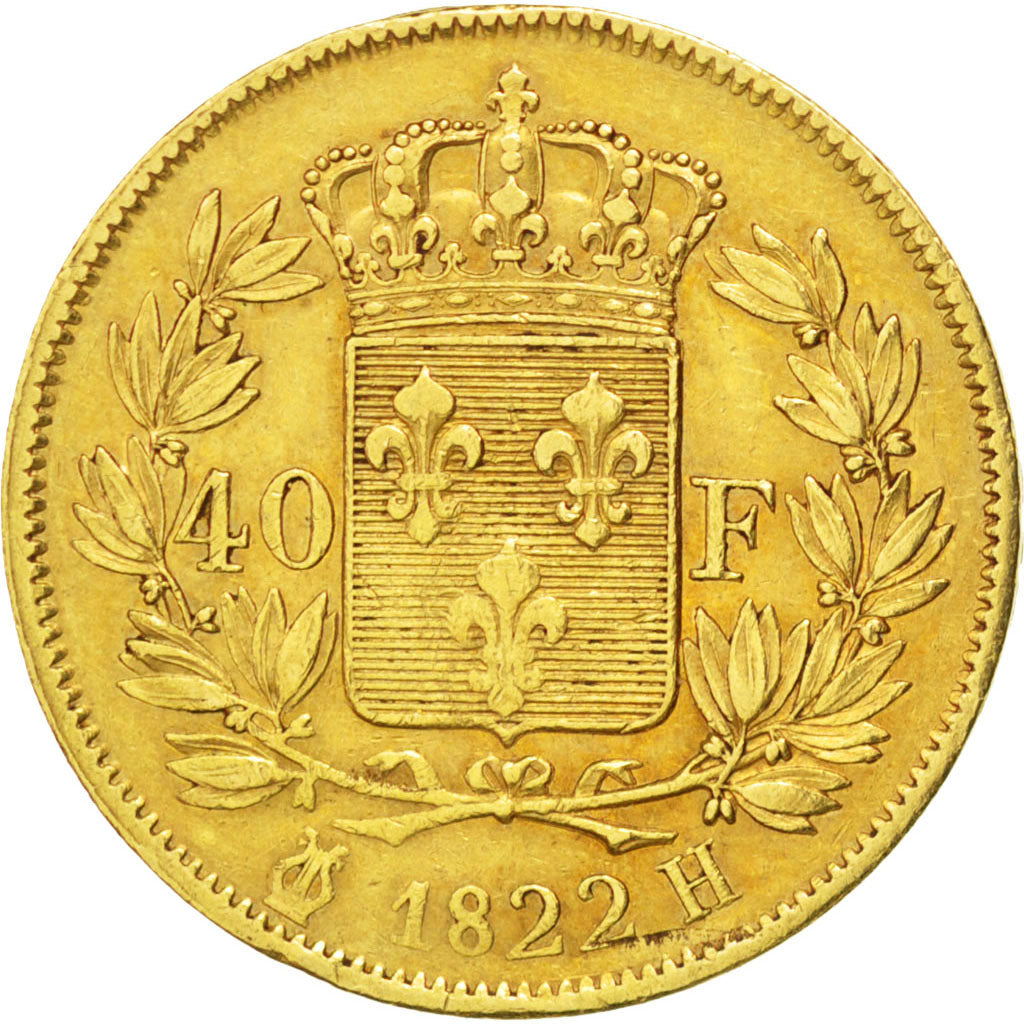 France, Louis XVIII, 40 Francs or, 1822 H, KM:713.3, PCGS XF45