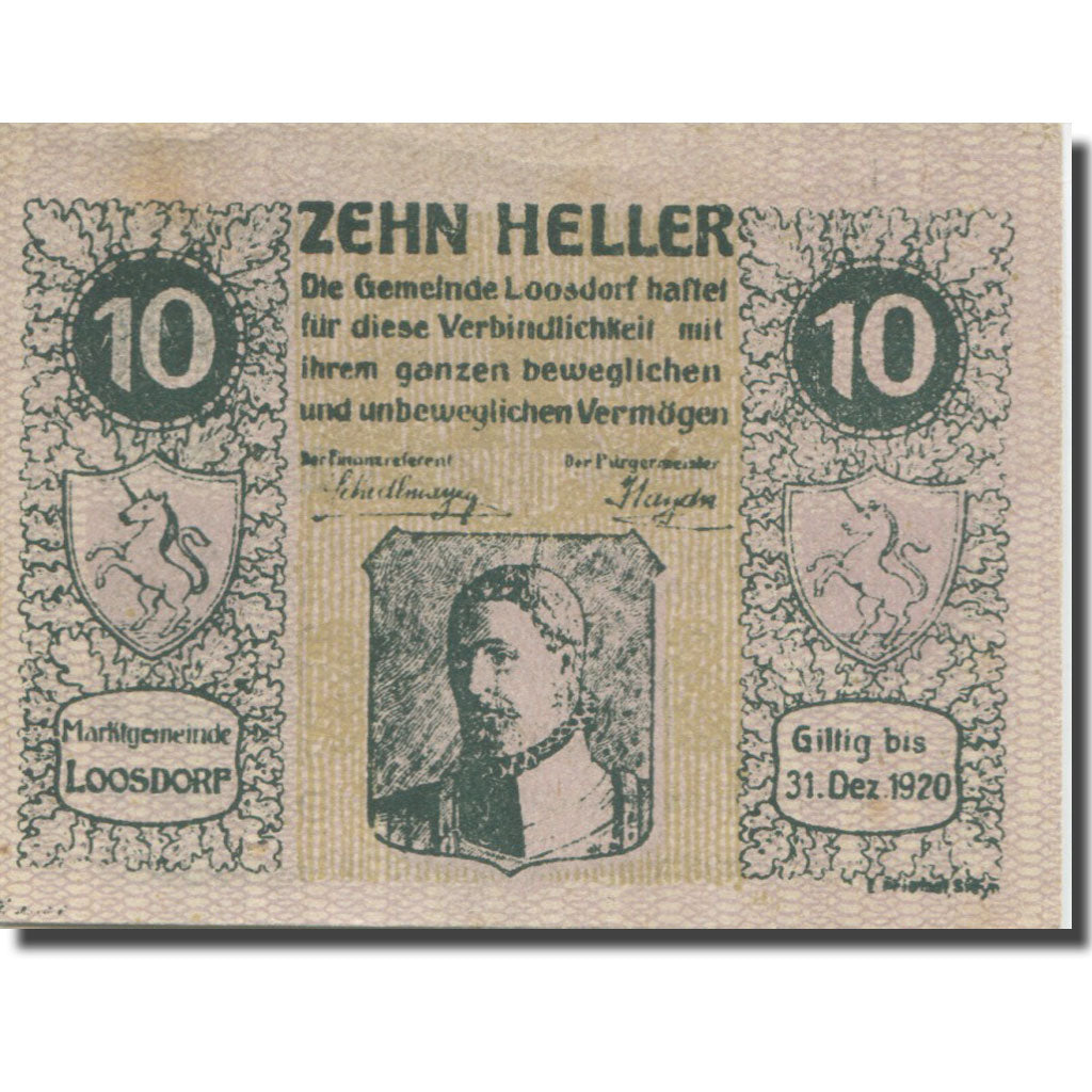 Banknote, Austria, Loosdorf, 10 Heller, personnage, 1920 UNC(63) Mehl:FS 563b