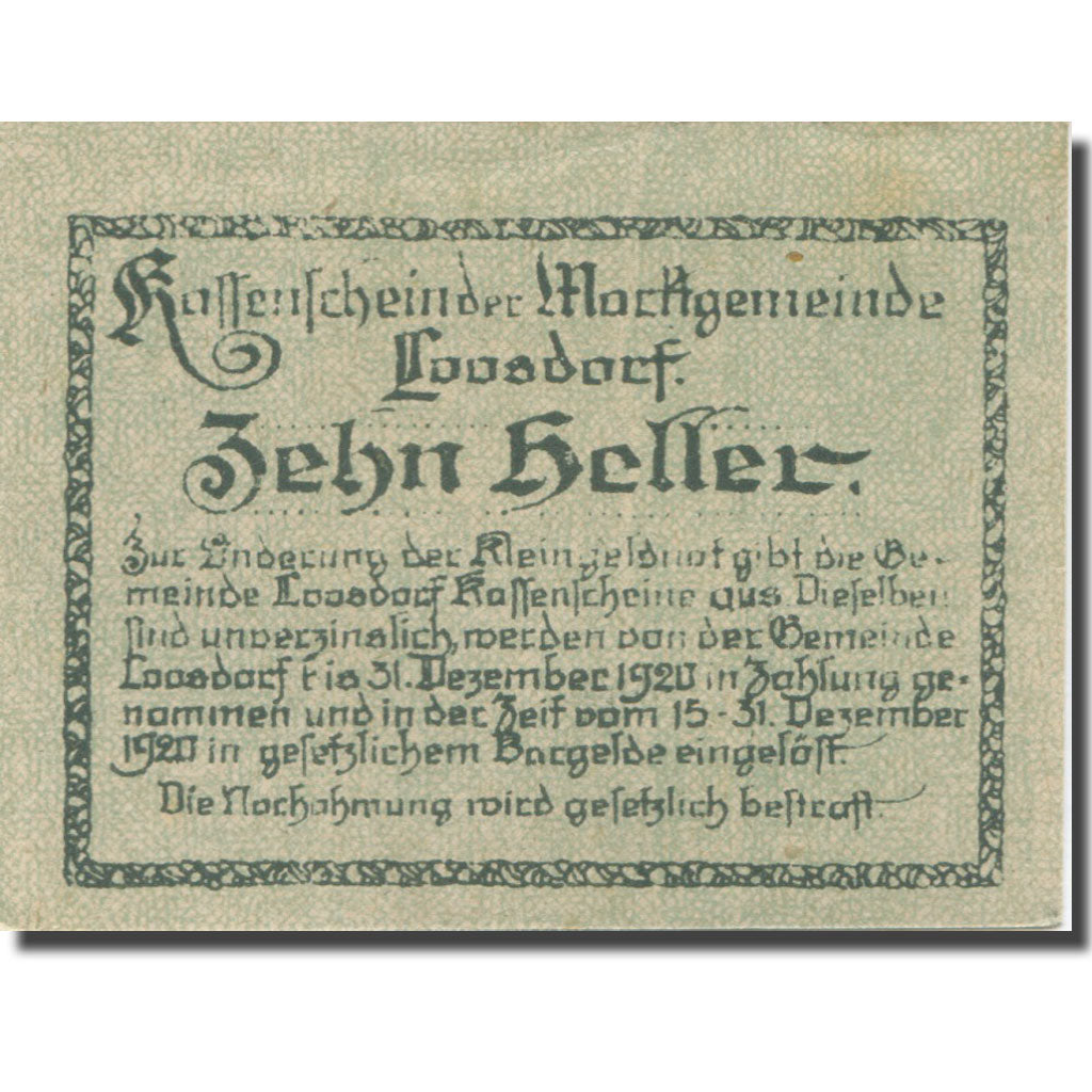 Banknote, Austria, Loosdorf, 10 Heller, personnage, 1920 UNC(63) Mehl:FS 563b