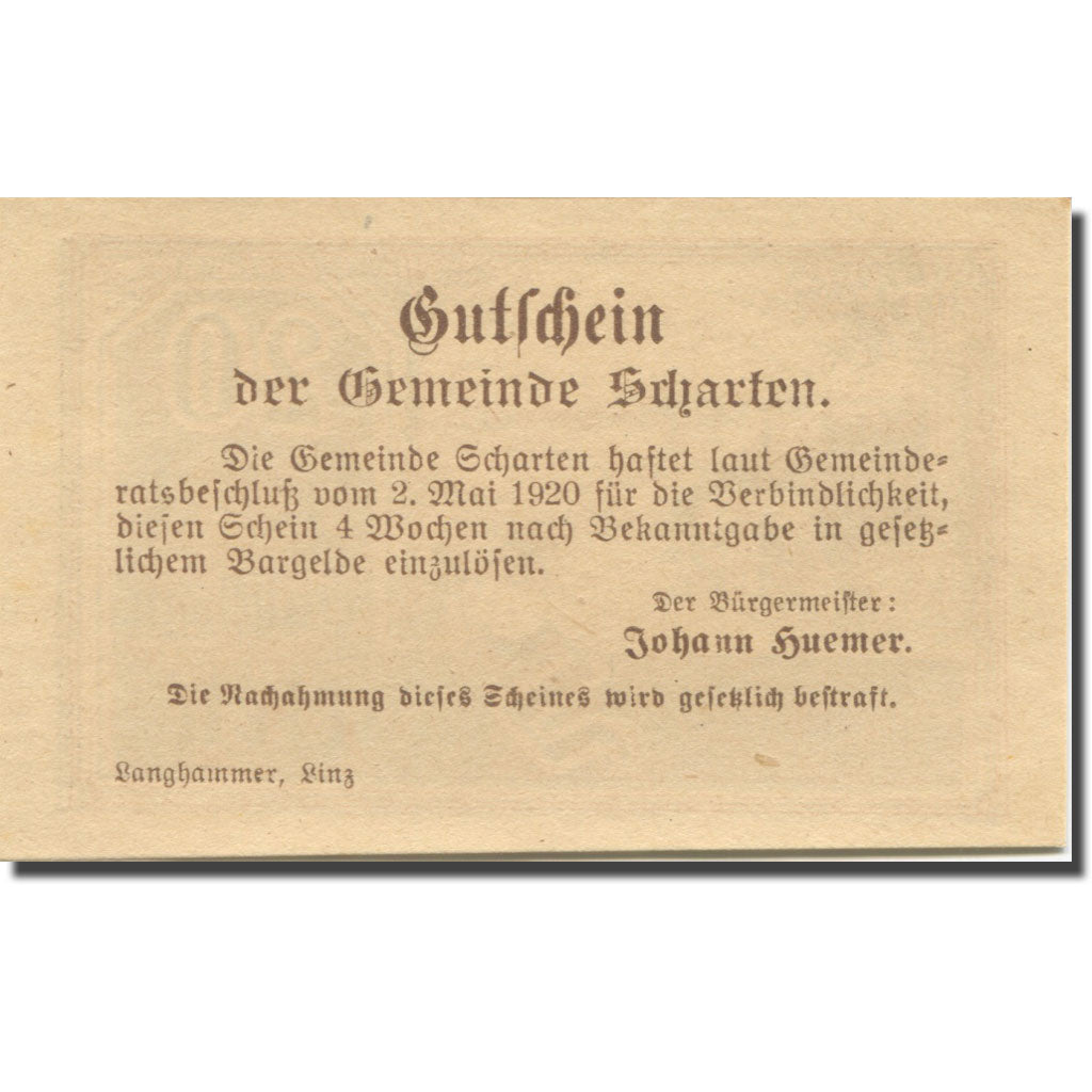 Banknote, Austria, Scharten, 20 Heller, champs, 1920 UNC(63) Mehl:FS 955a