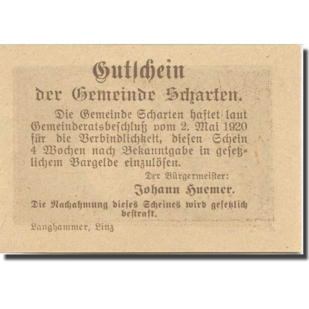 Banknote, Austria, Scharten, 10 Heller, Terroir, 1920 UNC(65-70) Mehl:FS 955a