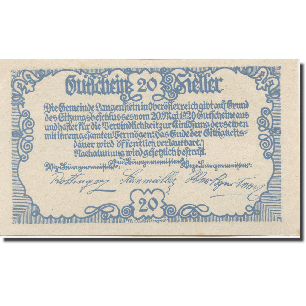 Banknote, Austria, Langenstein, 20 Heller, château, 1920 UNC(65-70) Mehl:FS 502a