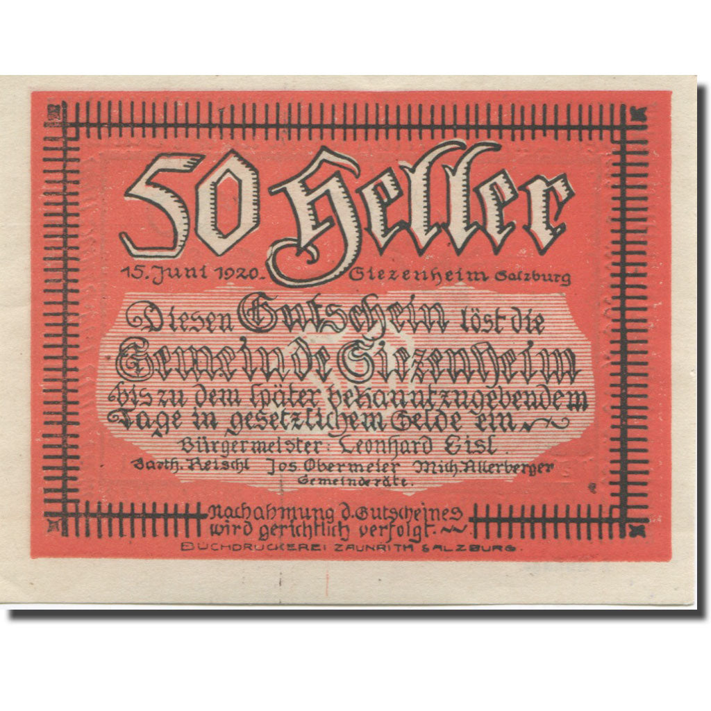 Banknote, Austria, Siezenheim, 50 Heller, arbre, 1920 UNC(65-70) Mehl:FS 996b