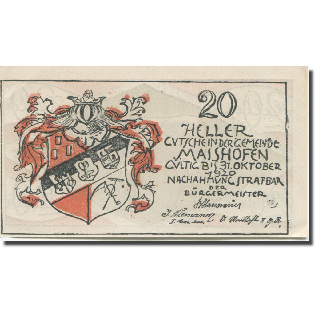 Banknote, Austria, Maishofen, 20 Heller, Boeuf, 1920 UNC(63) Mehl:FS 572