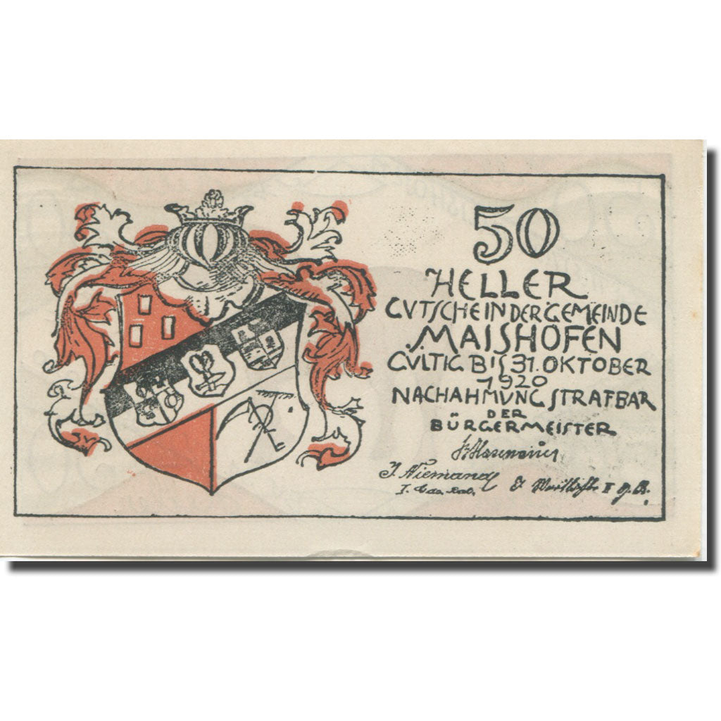 Banknote, Austria, Maishofen, 50 Heller, cheval, 1920 UNC(65-70) Mehl:FS 572