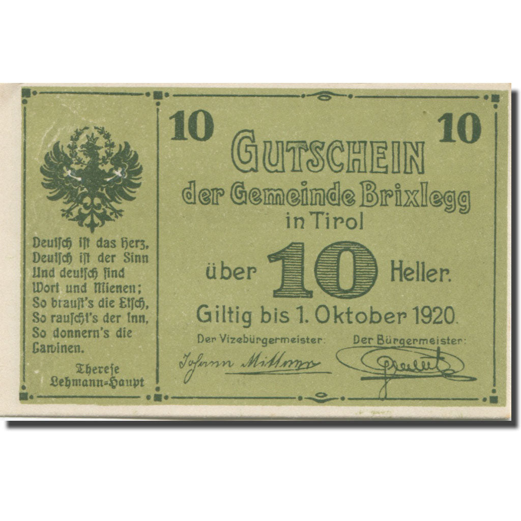 Banknote, Austria, Brixlegg, 10 Heller, paysage, 1920 UNC(63) Mehl:FS 104a