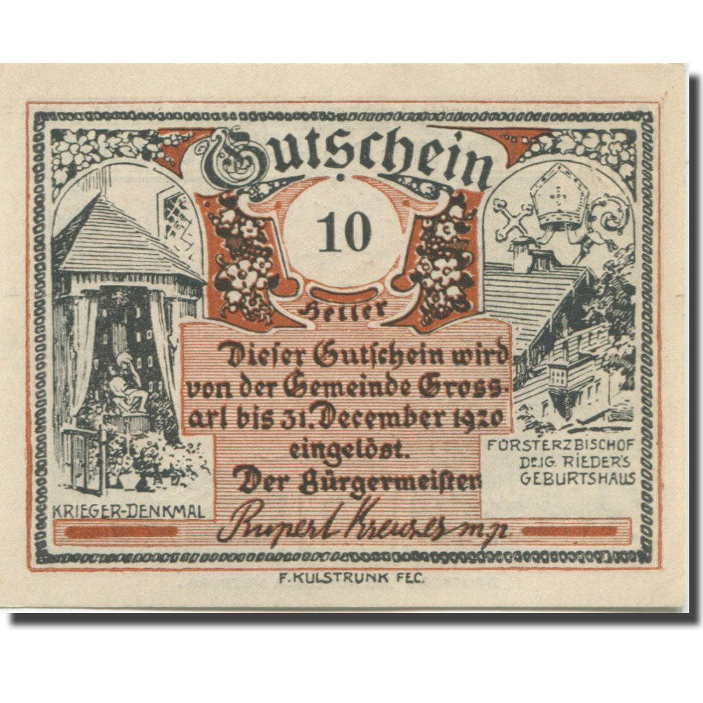 Banknote, Austria, Grossarl, 10 Heller, Forêt, 1920 UNC(65-70) Mehl:FS 290e