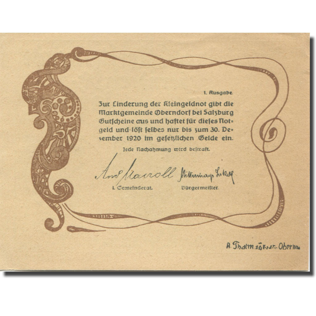 Banknote, Austria, Oberndorf, 50 Heller, personnage, 1920 UNC(63) Mehl:FS 690a
