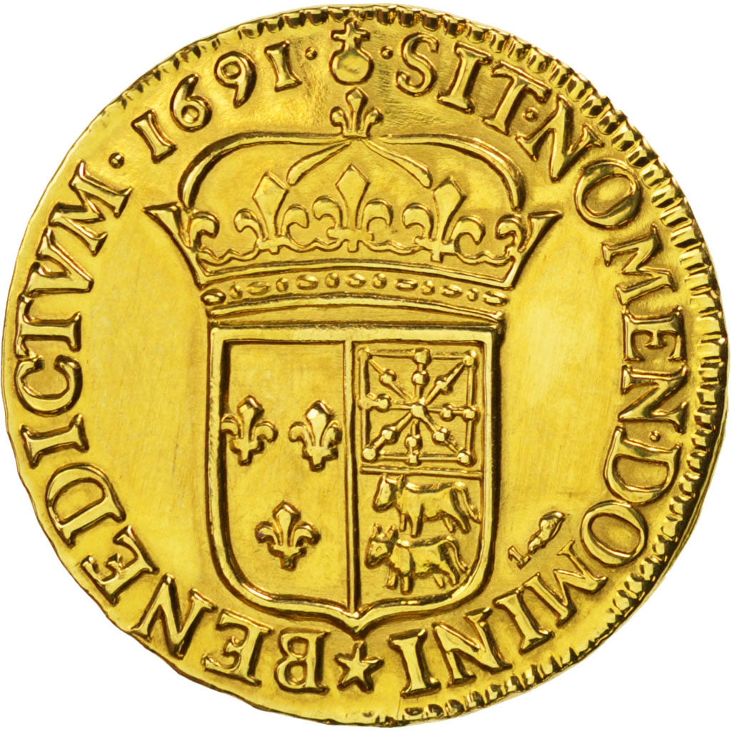 FRANCE, Louis d'Or, 1691, Pau, AU(55-58), Gold, Gadoury #251, 7.68