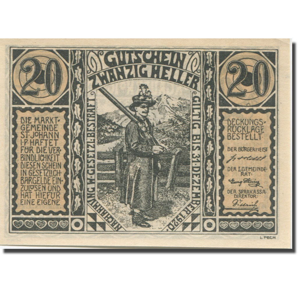Banknote, Austria, St Johann, 20 Heller, Mine, 1920 UNC(63) Mehl:FS 895a