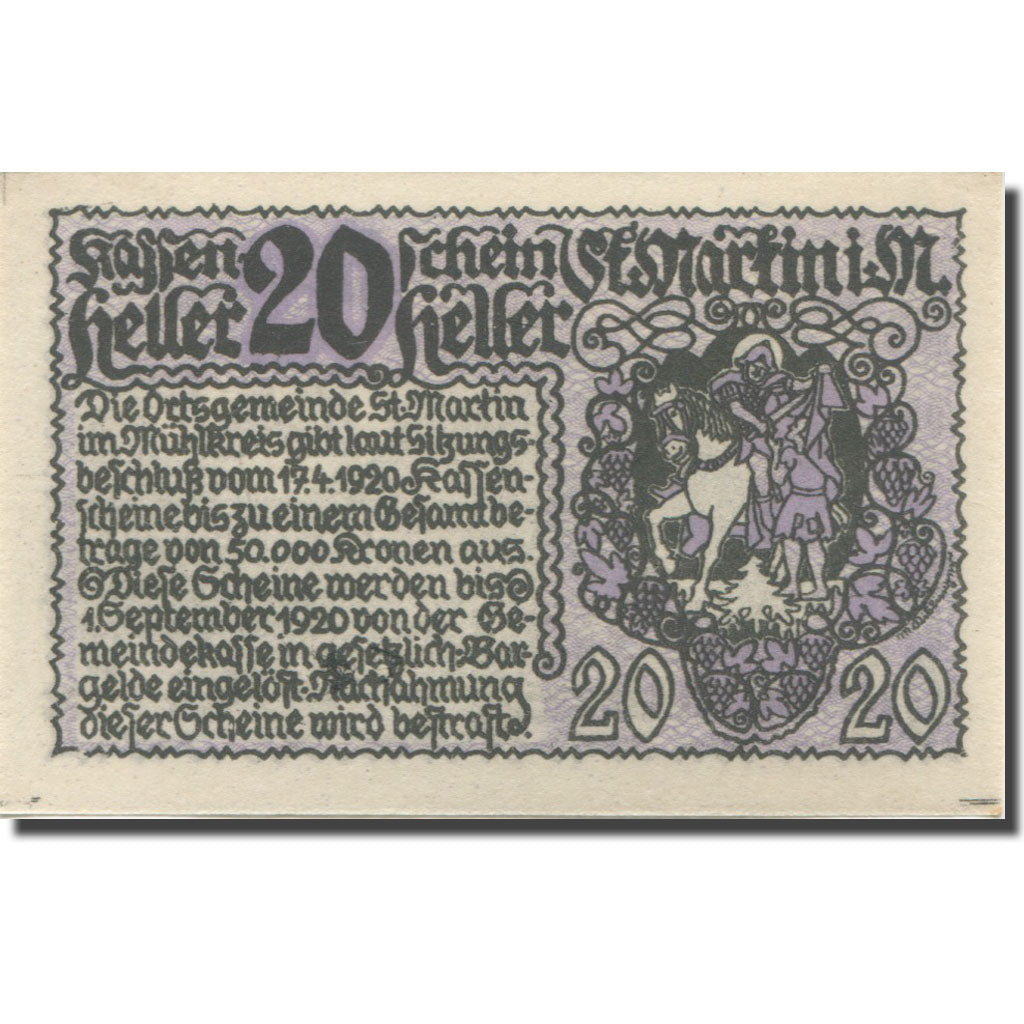 Banknote, Austria, St Martin, 20 Heller, chevalier, 1920 UNC(63) Mehl:FS 912a