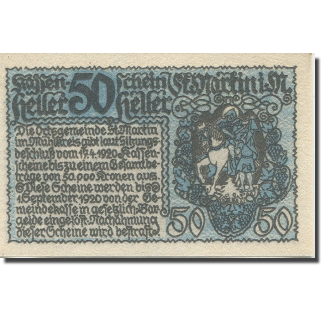 Banknote, Austria, St Martin, 50 Heller, village, 1920 UNC(63) Mehl:FS 912a