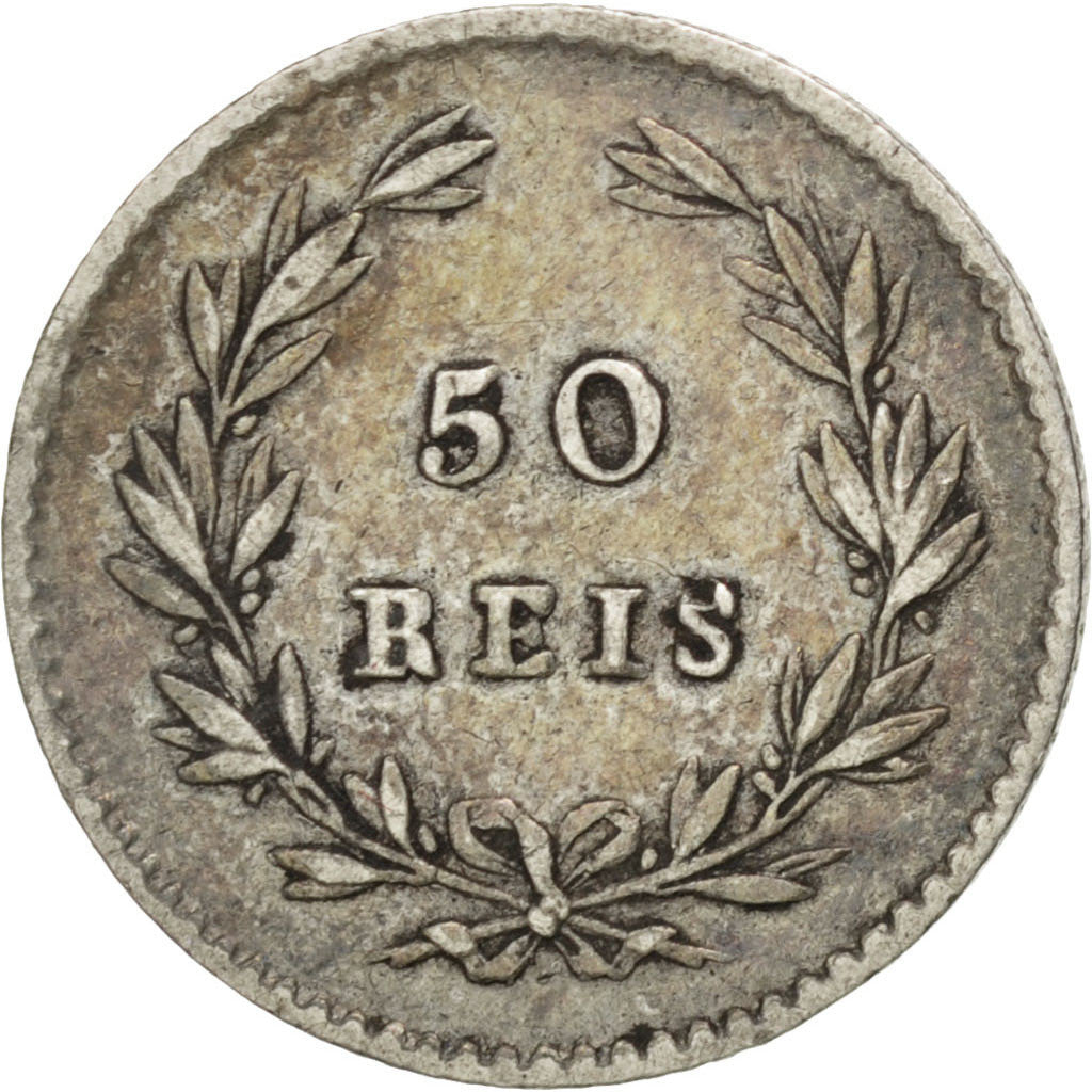 PORTUGAL, 50 Reis, 1861, KM #493, EF(40-45), Silver, 1.21
