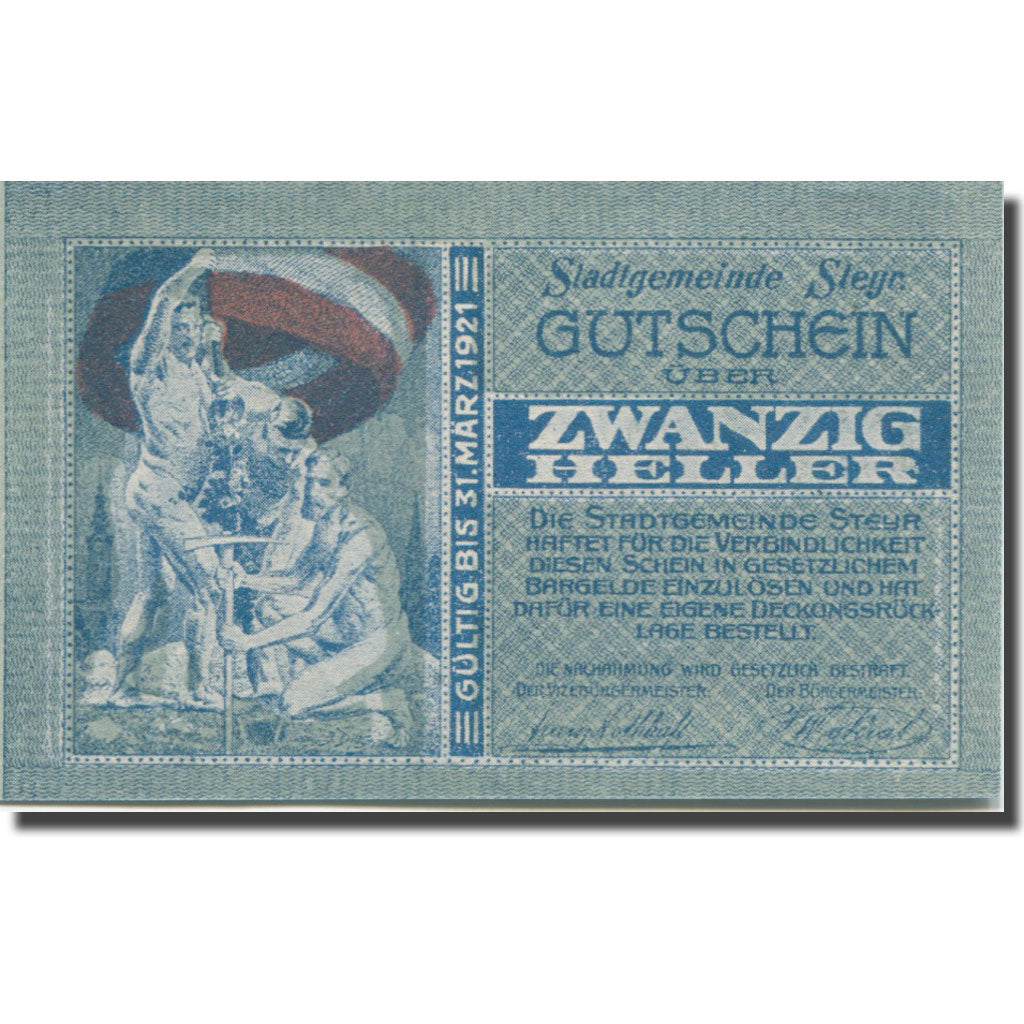 Banknot, Austria, Steyr, 20 Heller, personnage 1921 UNC(63) Mehl:FS 1034IIa