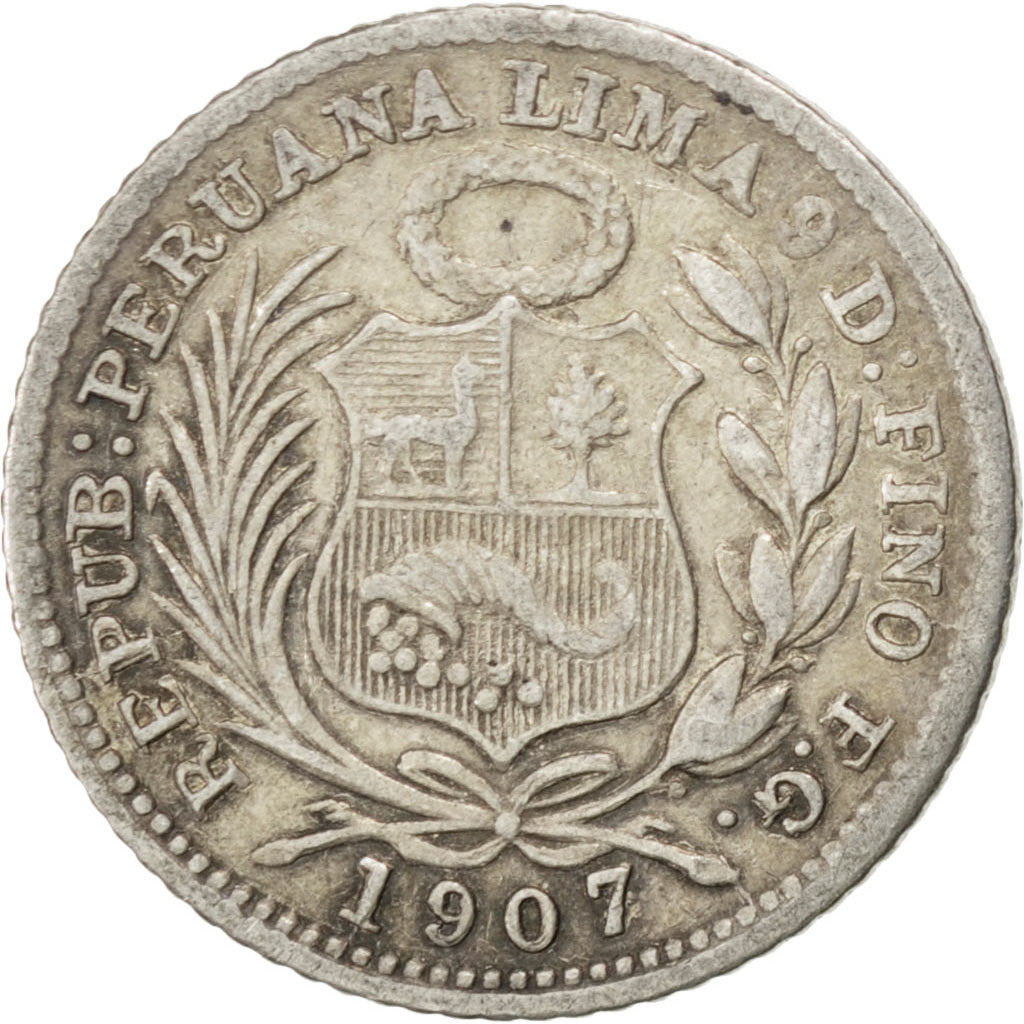 PERU, 1/2 Dinero, 1907, Lima, KM #206.2, AU(50-53), Silver, 15.5, 1.20