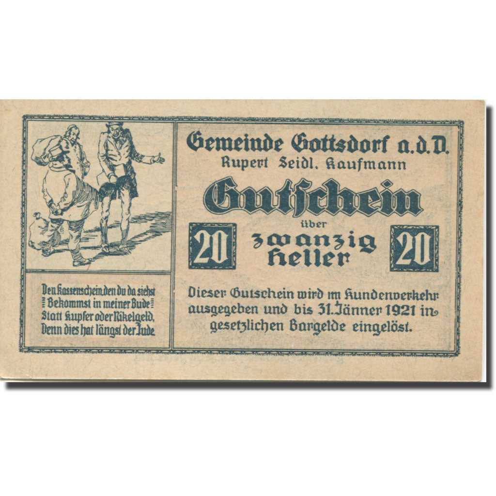 Banknote, Austria, GOTTSDORF, 20 Heller, personnage, 1921 UNC(63) Mehl:FS 254