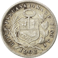 PERU, 1/2 Dinero, 1902, Lima, KM #206.2, AU(50-53), Silver, 15.5, 1.22
