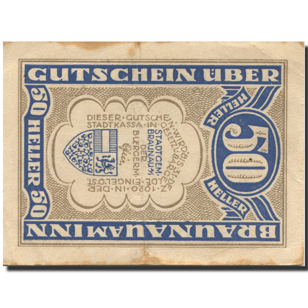 Banknote, Austria, Braunau am Inn, 50 Heller, Eglise, 1920 EF(40-45) Mehl:FS 101