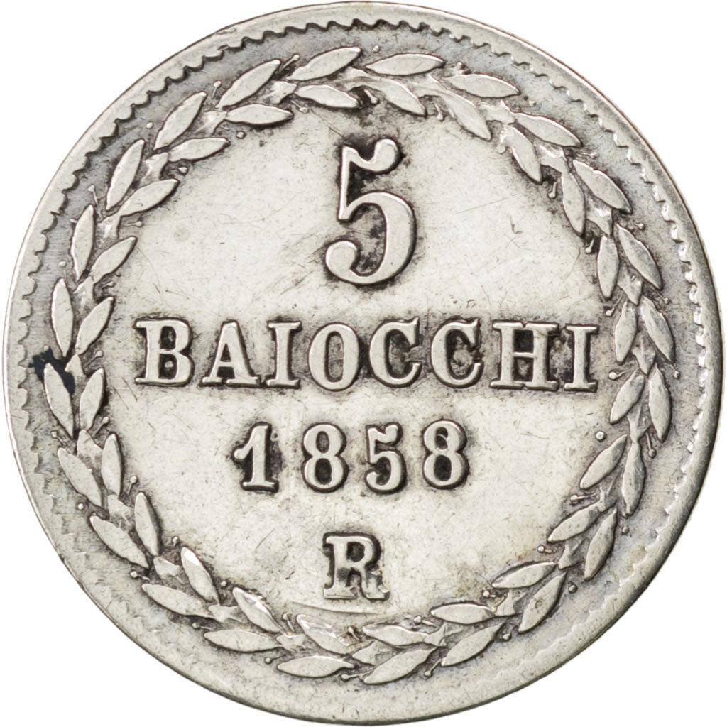 ITALIAN STATES, 5 Baiocchi, 1858, Roma, KM #1341b, EF(40-45), Silver, 1.40