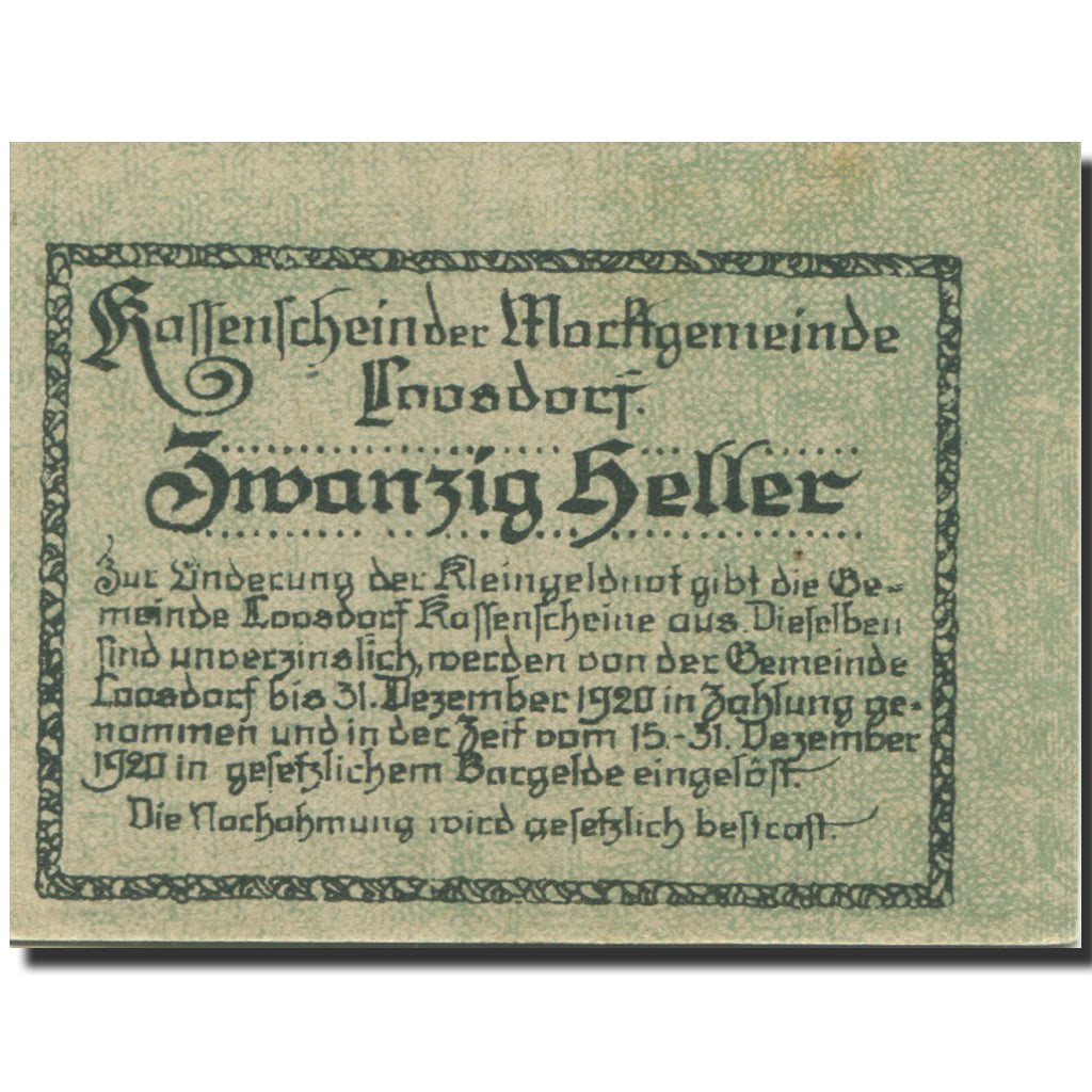 Banknote, Austria, Loosdorf, 20 Heller, portrait, 1920 UNC(63) Mehl:FS 563b