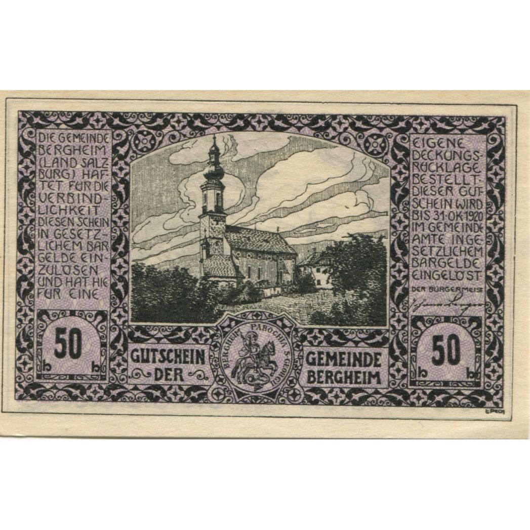 Banknote, Austria, Bergheim, 50 Heller, Eglise 1, 1920 UNC(63) Mehl:FS 82I
