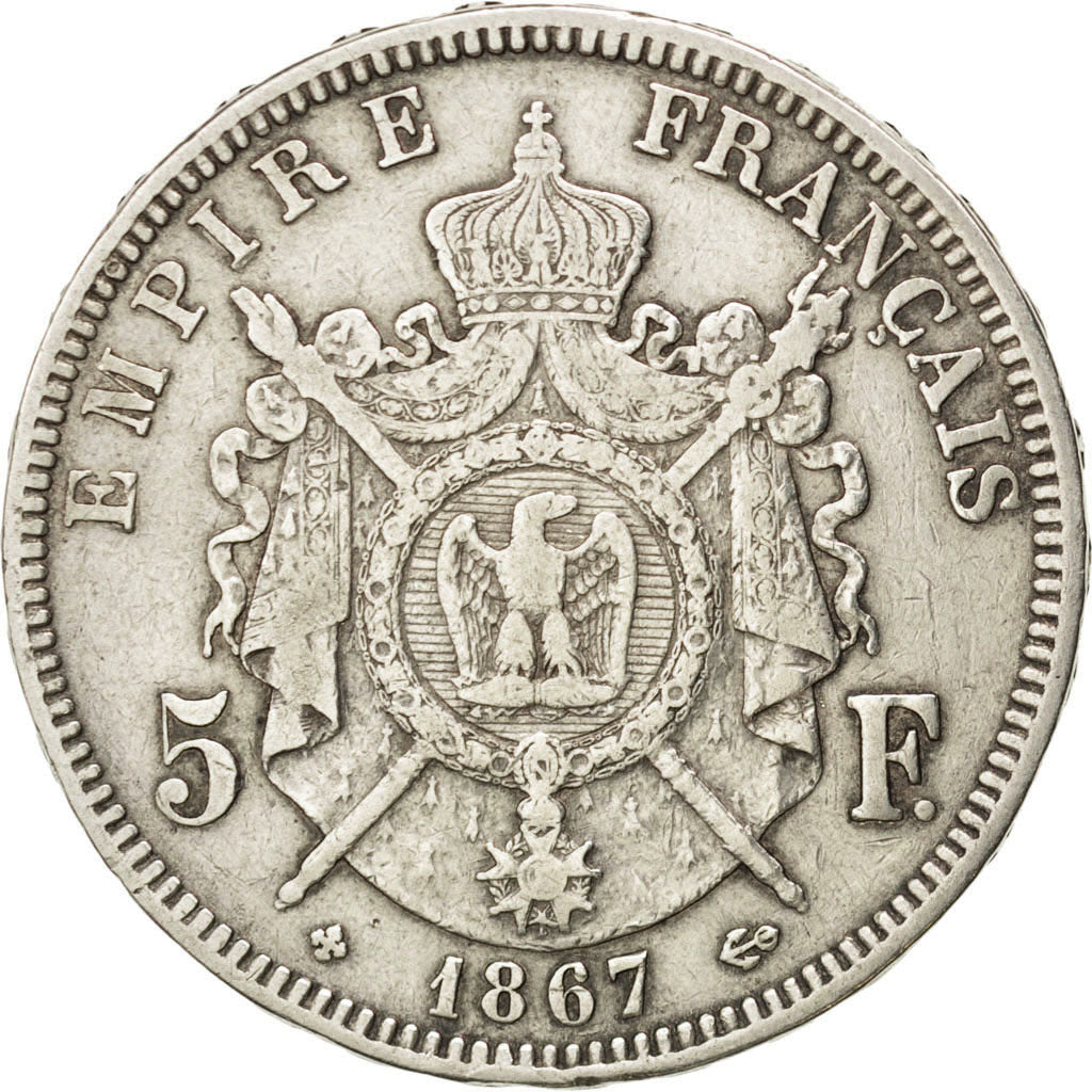 Second Empire, 5 Francs Napoléon III tête laurée 1867 Strasbourg, KM 799.2