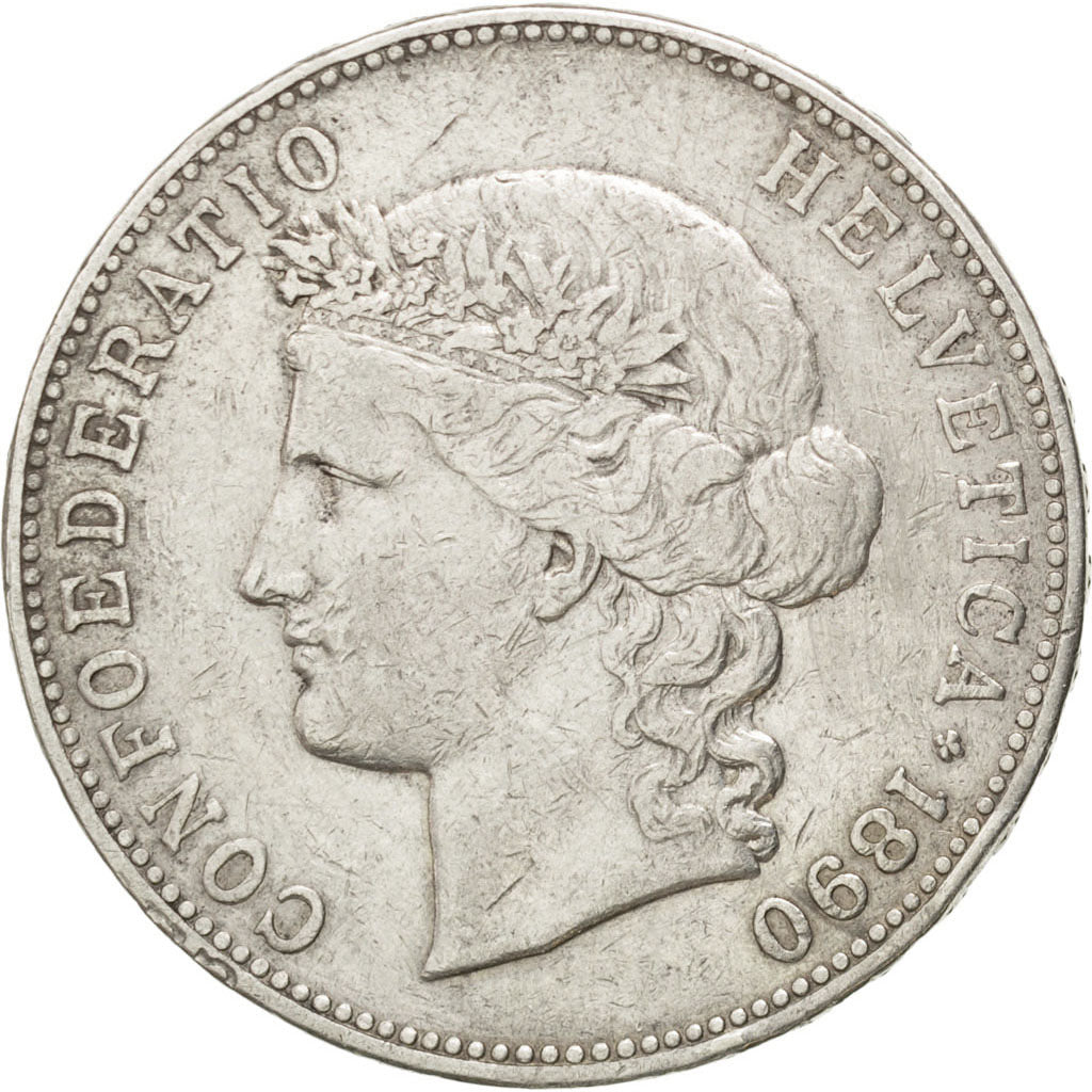 SWITZERLAND, 5 Francs, 1890, Bern, KM #34, VF(30-35), Silver, 37, 24.94